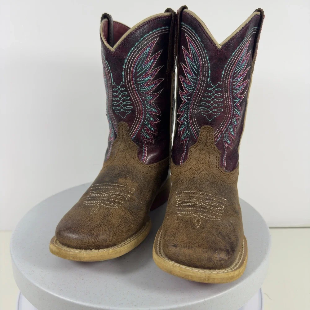 Ariat Vaquera Kids Western Cowboy Boots Leather Purple Brown Square Toe Size 8.5